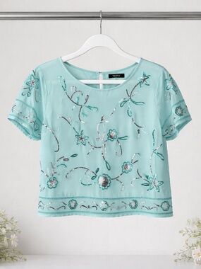 Verty Aqua Embellished Short-Sleeve semi sheer top nwt women’s small